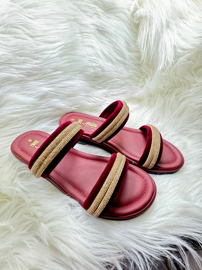 Milli Collections Black Velvet & Rhinestone Double-Strap Slides - Article 444