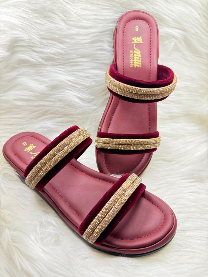 Milli Collections Black Velvet & Rhinestone Double-Strap Slides - Article 444