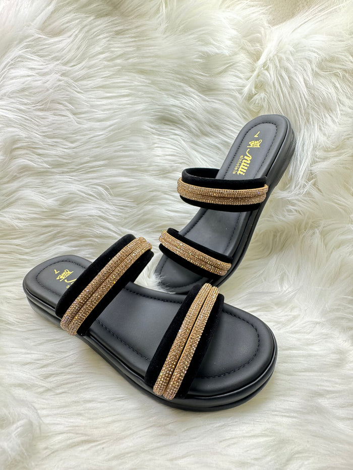 Milli Collections Black Velvet & Rhinestone Double-Strap Slides - Article 444