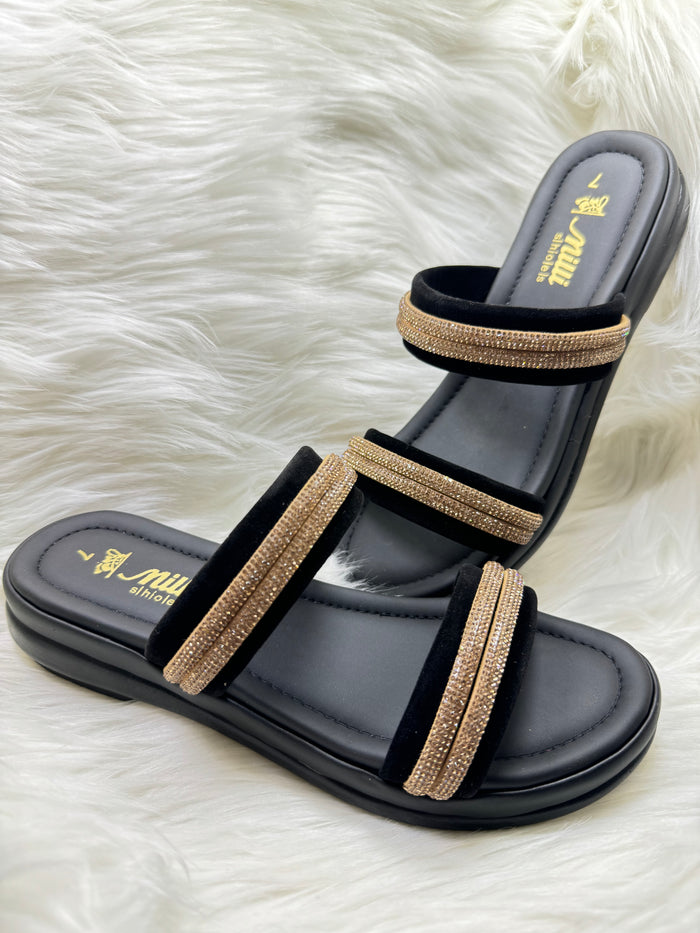 Milli Collections Black Velvet & Rhinestone Double-Strap Slides - Article 444