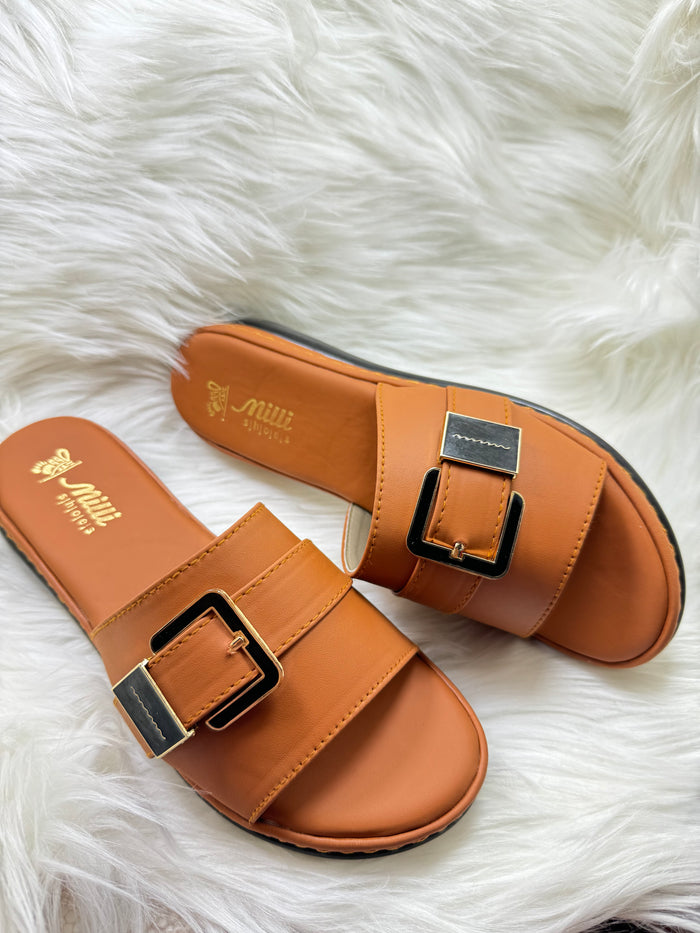 Milli Collections Women's Mustard Buckle Slide Sandals - Article 418