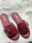 Chic Maroon Flat Sandals with Gold-Tone Buckle Style No. 418