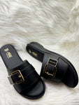 Milli Collections Women's Slip-On Flat Sandals in Black with Gold-Tone Buckle, Article 418
