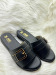 Milli Collections Women's Slip-On Flat Sandals in Black with Gold-Tone Buckle, Article 418