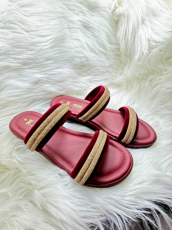 Milli Collections Maroon Velvet & Rhinestone Double-Strap Slides - Article 44