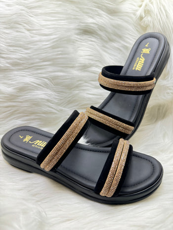 Milli Collections Black Velvet & Rhinestone Double-Strap Slides - Article 444
