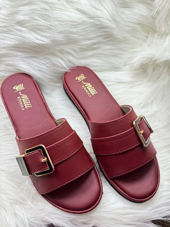 Chic Maroon Flat Sandals with Gold-Tone Buckle  Style No. 418
