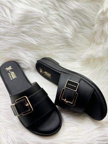 Milli Collections Women's Slip-On Flat Sandals in Black with Gold-Tone Buckle, Article 418